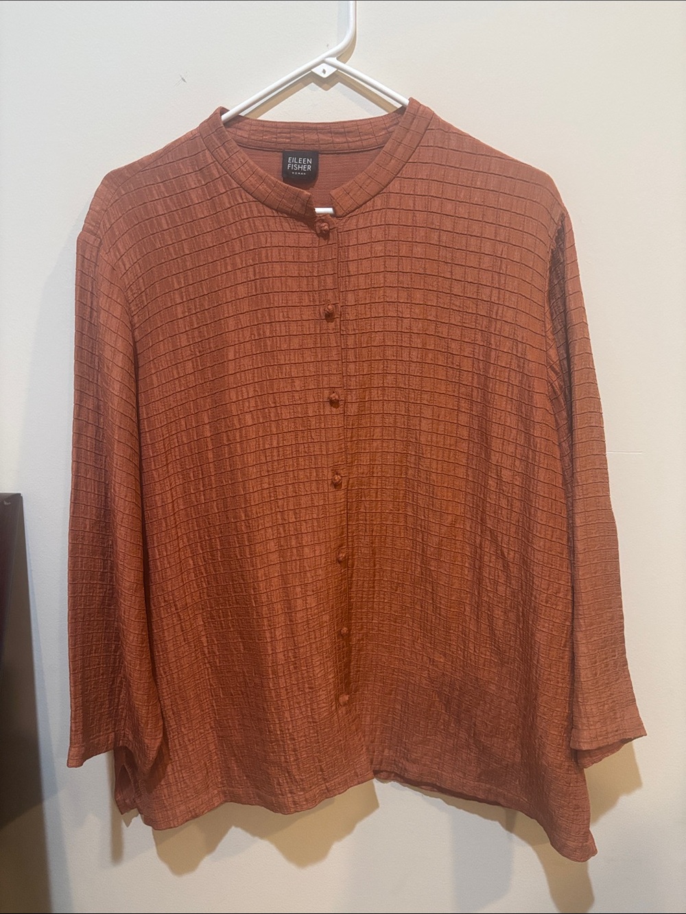 Eileen Fisher Silk Linen Mandarin Collar Blouse Terracotta Orange Boxy XL L